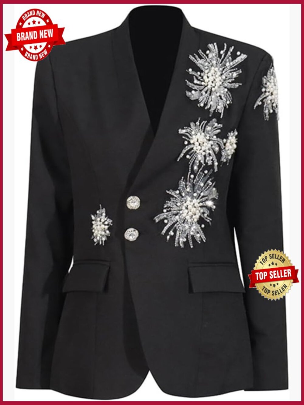 Crystal Embellished Long Sleeve Blazer with Lapel Collar
